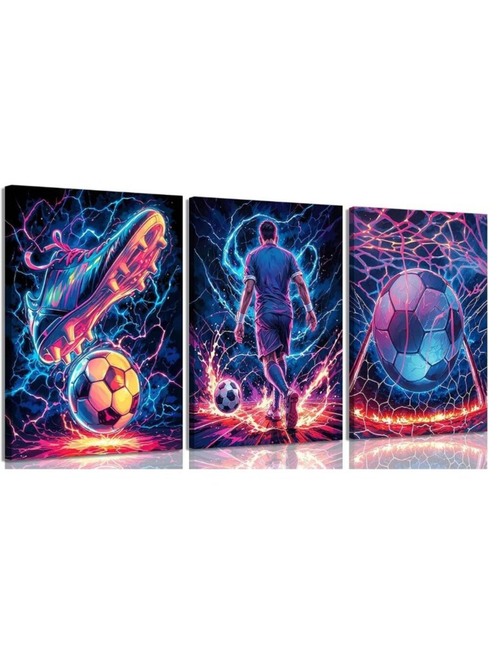 Set of 3 Soccer Canvas Wall Art - Abstract Neon Prints for Boys Room Decor